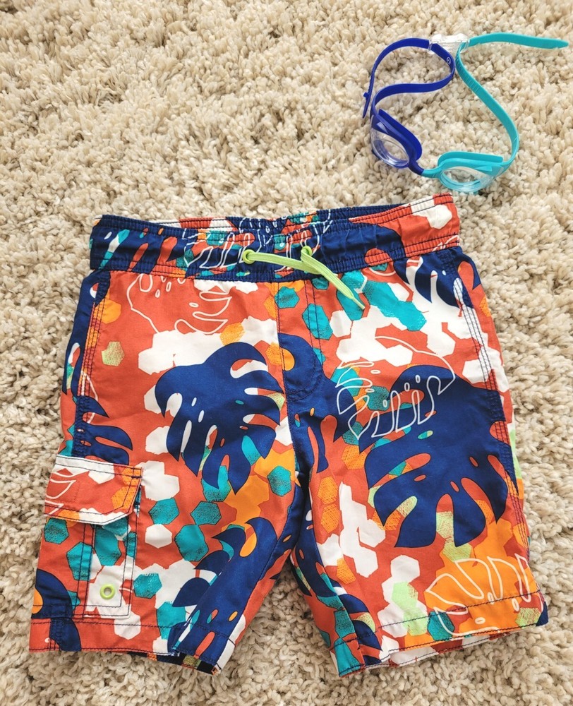 GYMBOREE  BATHING SUIT SWIM TRUNKS SHORTS 4T COLORFUL LEAVES & SWIM GOGGLES SET