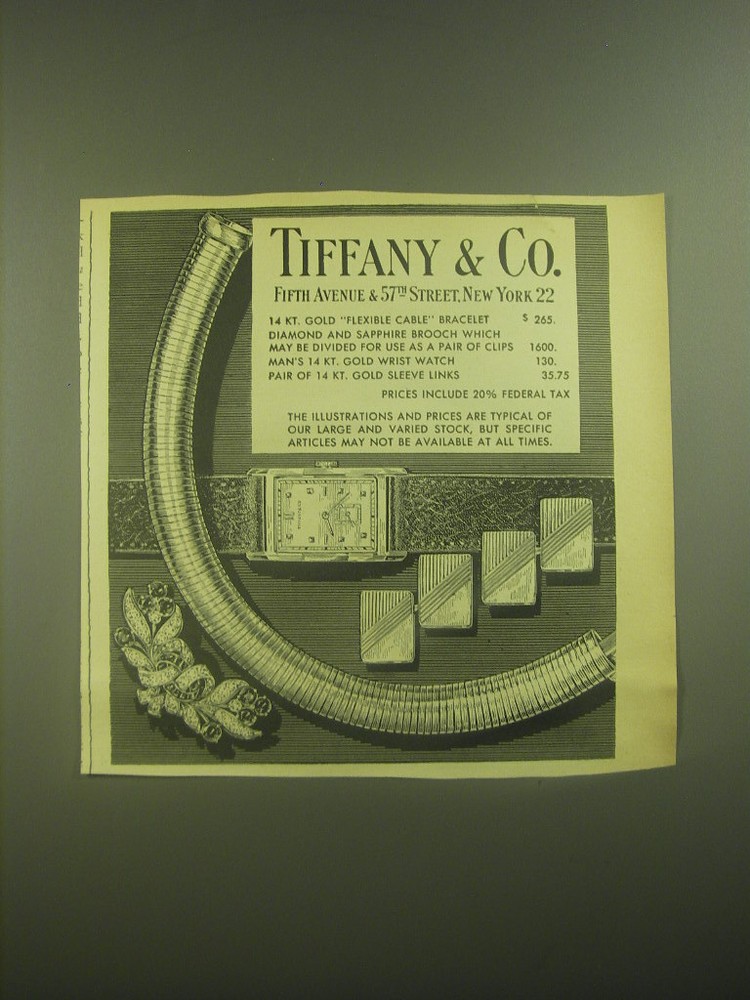 1945 Tiffany & Co. Jewelry Advertisement - Cable Bracelet, Brooch, Writst Watch