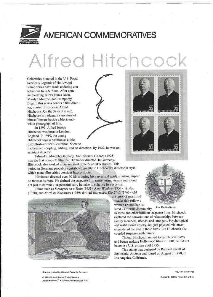USPS COMMEMORATIVE PANEL #547 ALFRED HITCHCOCK MNH 32c BLK
