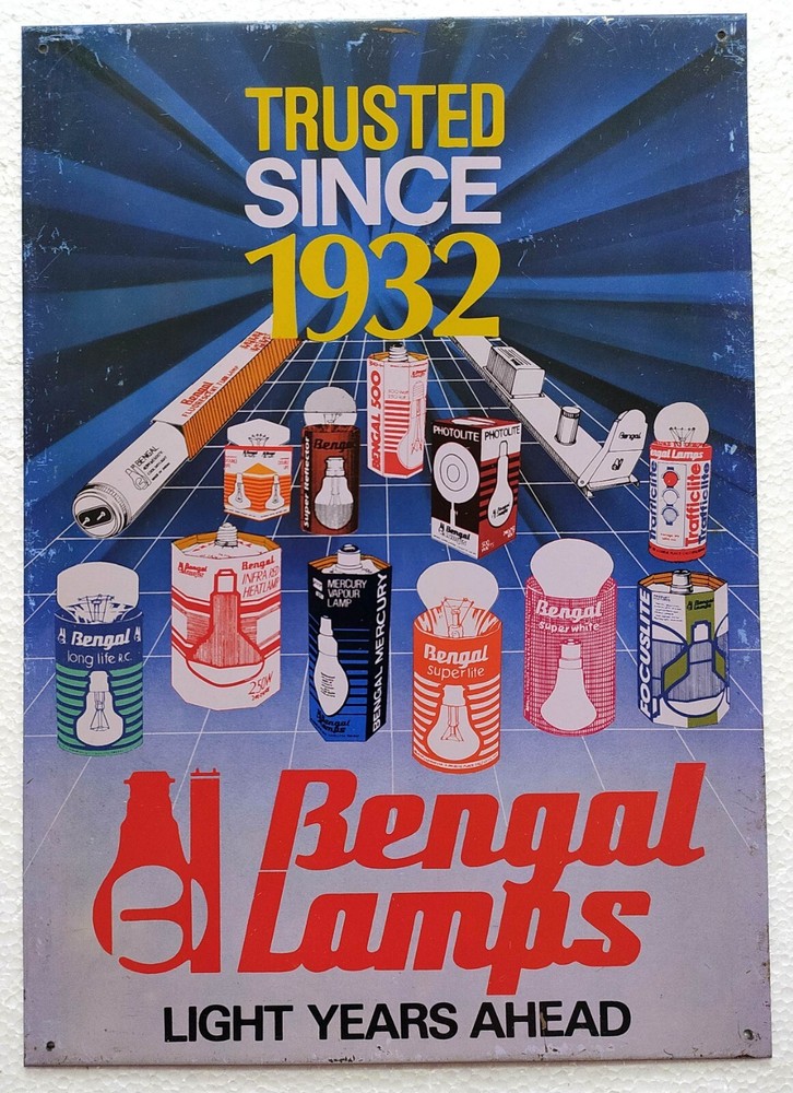 Bengal Lamps Tubelights Bulbs Since 1932 Vintage Advertising Litho Tin Sign