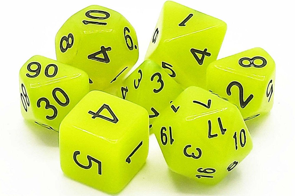 Old School 7 Piece DnD RPG Dice Set Glow Dice Yellow