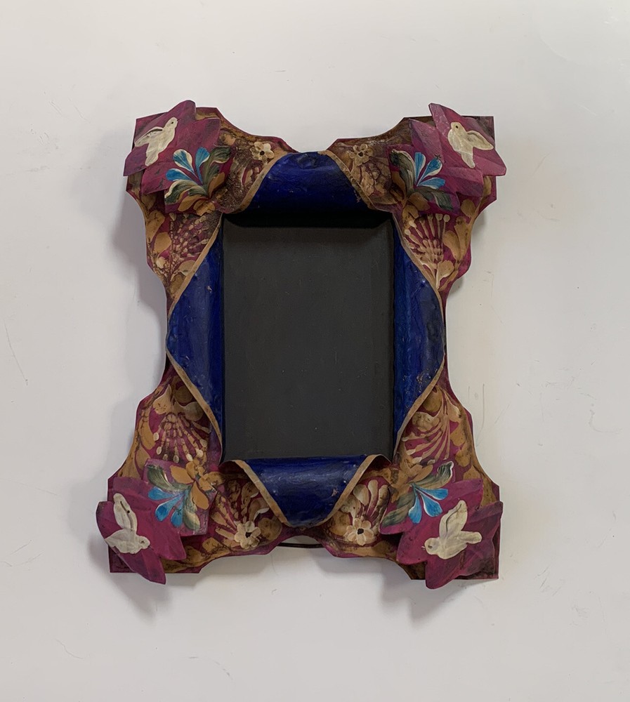 Mexican Tin Picture Frame Painted Vtg Doves Birds Mexico Punched Tin Metal  8x10