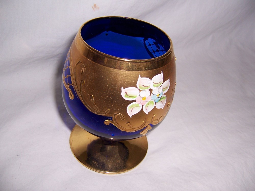 Bohemian Czech Art Brandy Snifter Cobalt Blue Gold Gilded Gilt/Glass Goblet Stem