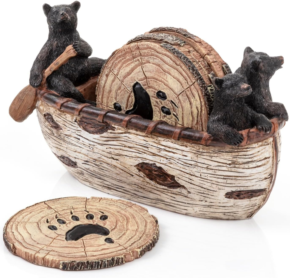 Set of 6 Full Size Rustic Coasters in Handmade Canoe with Adorable Black Bear Fi