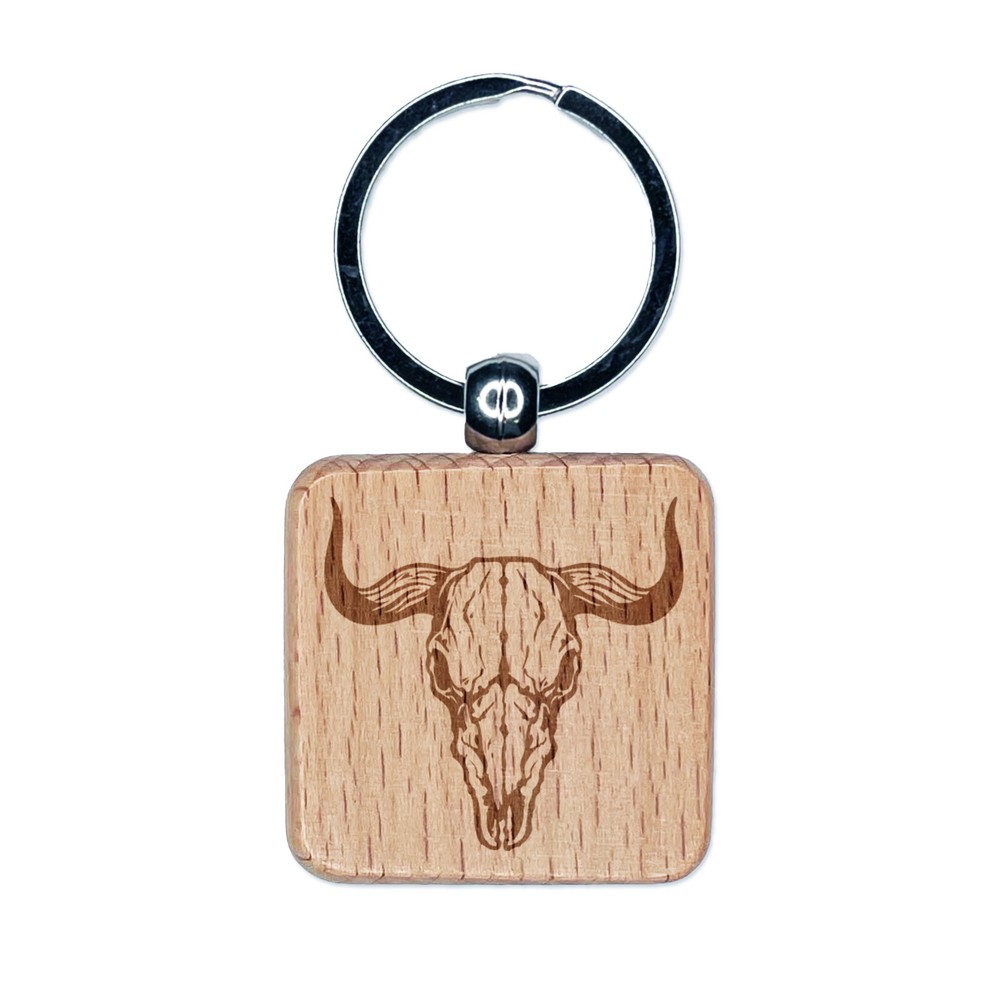 Bull Skull Engraved Wood Square Keychain Tag Charm