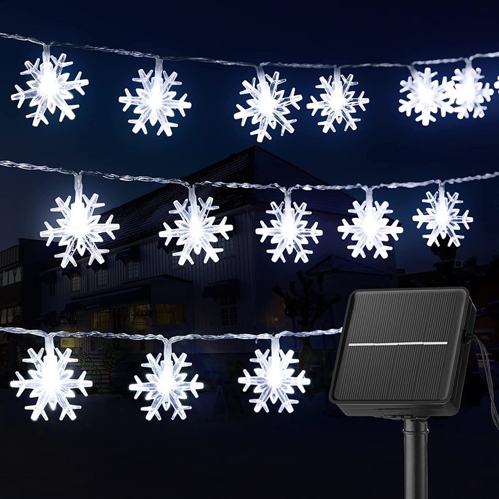 50 LED Solar Snowflake String Lights Pure White LED 8 Modes Christmas Xmas 32ft