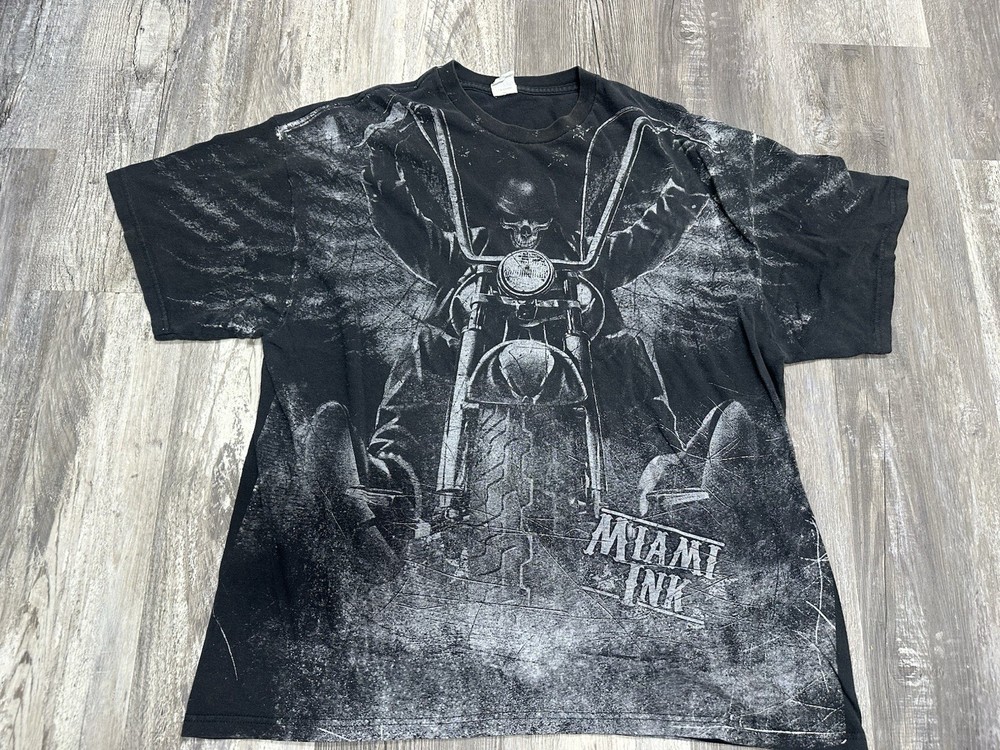 Vintage Y2K Miami Ink T-Shirt 2XL Biker Skeleton Chopper AOP Grunge Street Wear