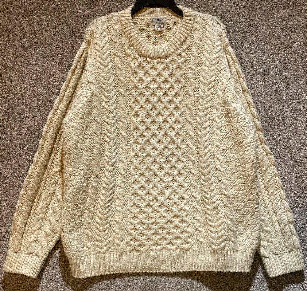LL Bean Ireland Mens Wool Cable Knit Fisherman Crewneck Pullover Sweater Size XL