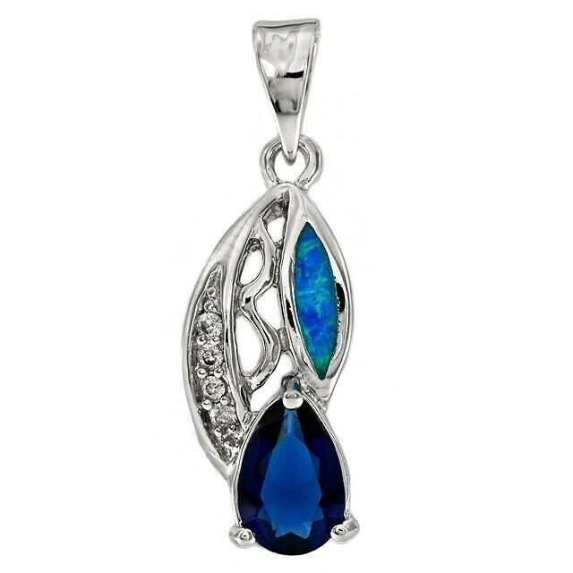 Treated Blue Sapphire & Australian Opal Inlay 925 Sterling Silver Pendant EO3