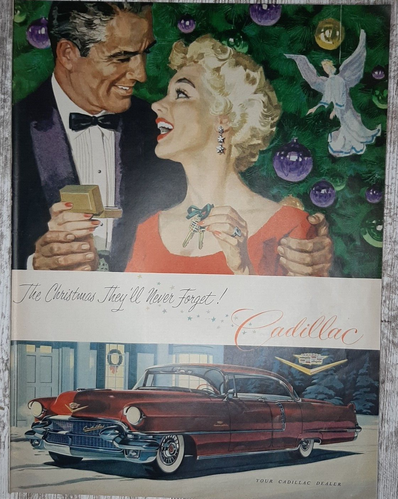 1956 Cadillac Vintage Print Ad Coupe Husband Wife Christmas Tree Keys Giftbox