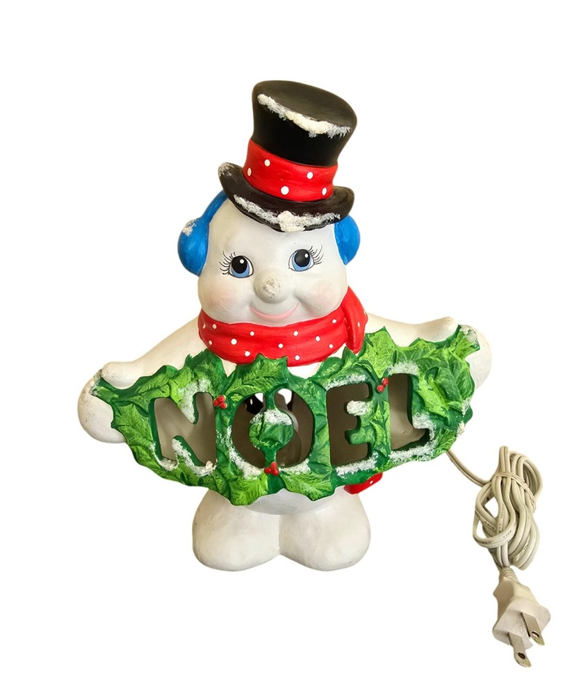 Vintage Ceramic Christmas Snowman Hand Painted Power Light NOEL Banner