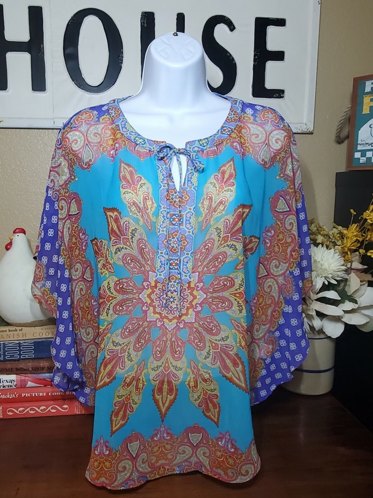 OLIVE HILL SHEER MULTICOLORED BOHEMIAN STYLE TUNIC BLOUSE SIZE S