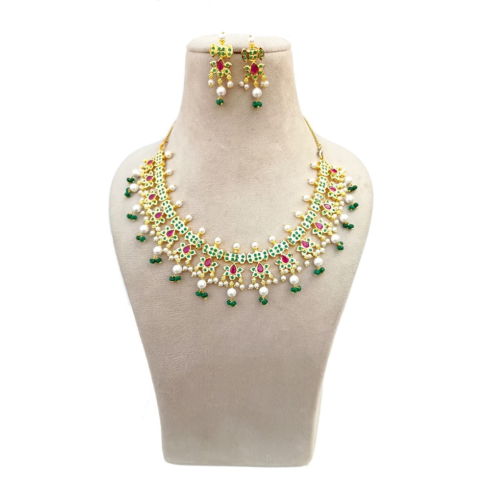 South Indian Bridal Wedding Ruby Emerald Pearl Choker Necklace Studs Jewelry Set
