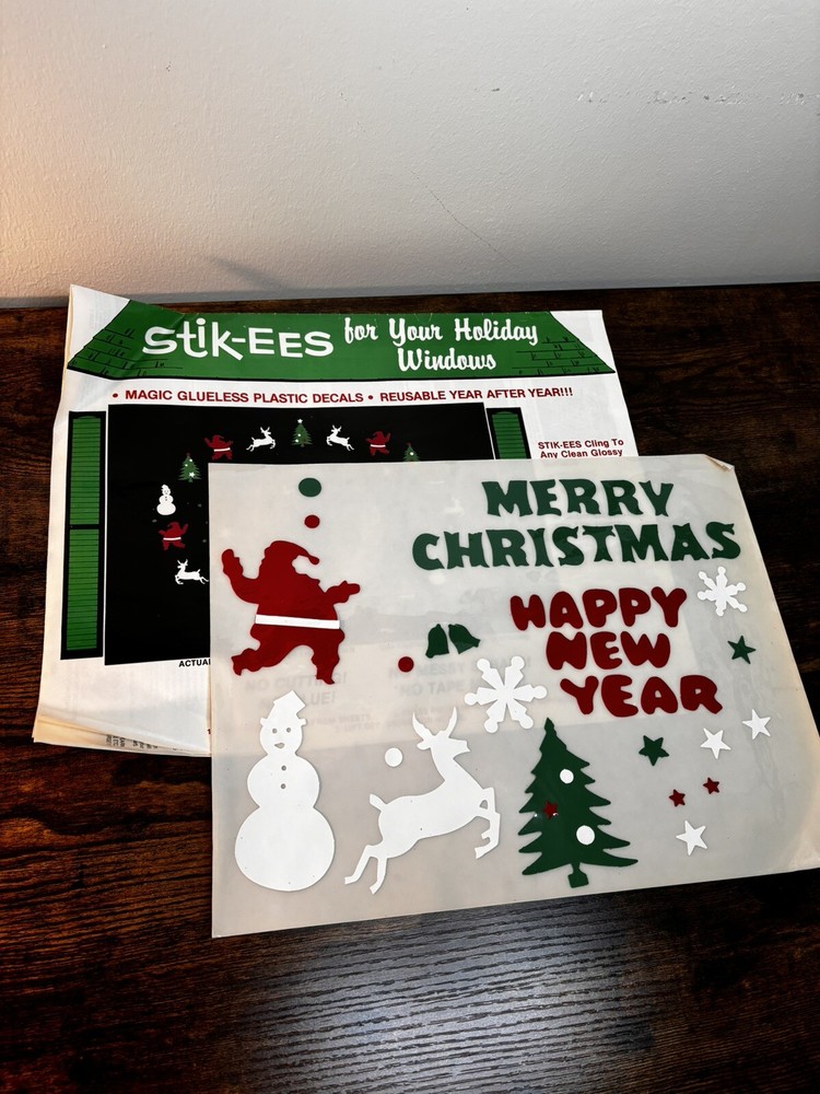 Stik ees Christmas Window Clings Decals Vinyl Holiday Decorations Vintage 1989