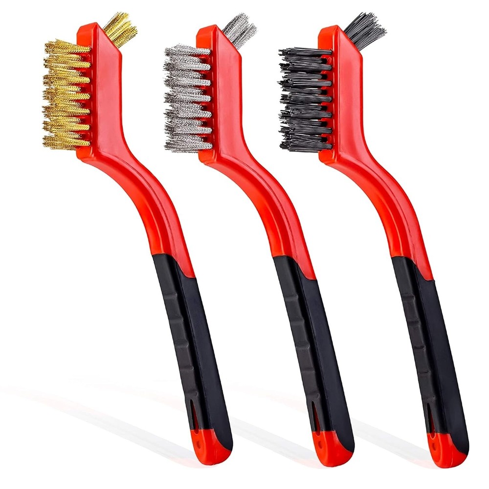 3-Piece Wire Brush Set - Nylon, Brass & Stainless Steel Bristles with Ergonomic Curved Handle