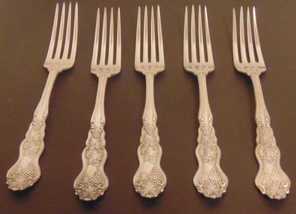 5 - Vintage ABCO Silver Plate Forks, Pat.4.10-06 Ornate Grape & Leaf Pattern-image