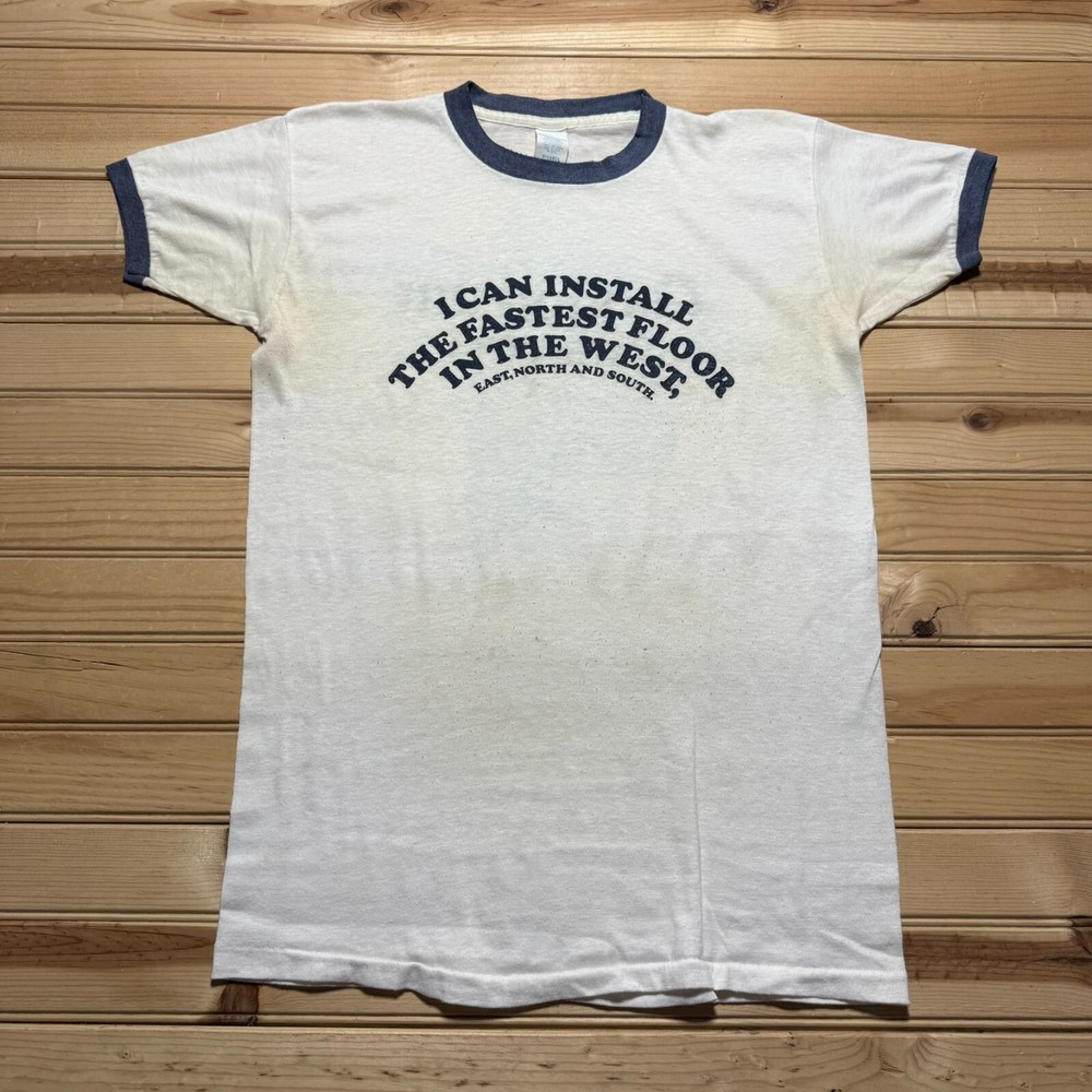 Vintage 70s 80s Congoleum Contempora Floor Install Funny Ringer Shirt Size XL