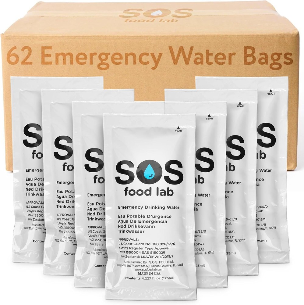 Durable Emergency Water Supply - 62 Portable 125ml Sachets with Survival Tips