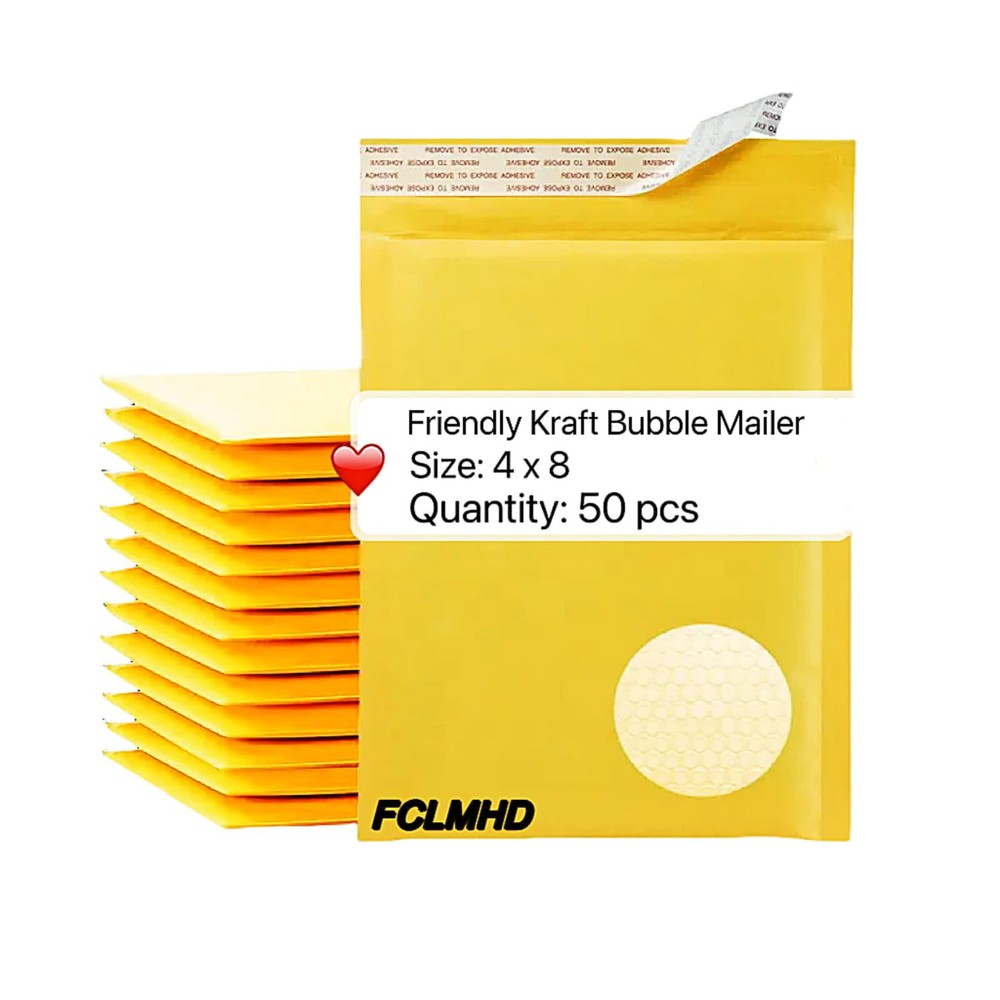 50-Pack Kraft 4x8 Inch Yellow Bubble Mailers – Padded Shipping Envelopes for Small Businesses