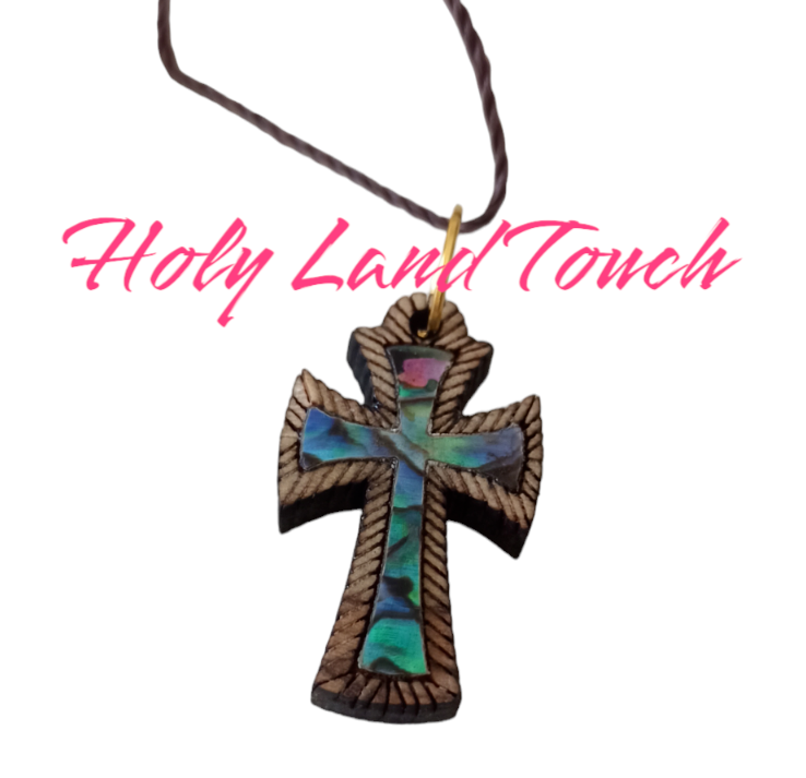 Cross Mother of Pearl Olive Wood Necklace Pendant Bethlehem Holy Land