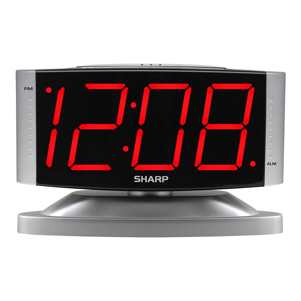 Sharp LED Digital Alarm Clock, Swivel Base, Silver Case, Red Display