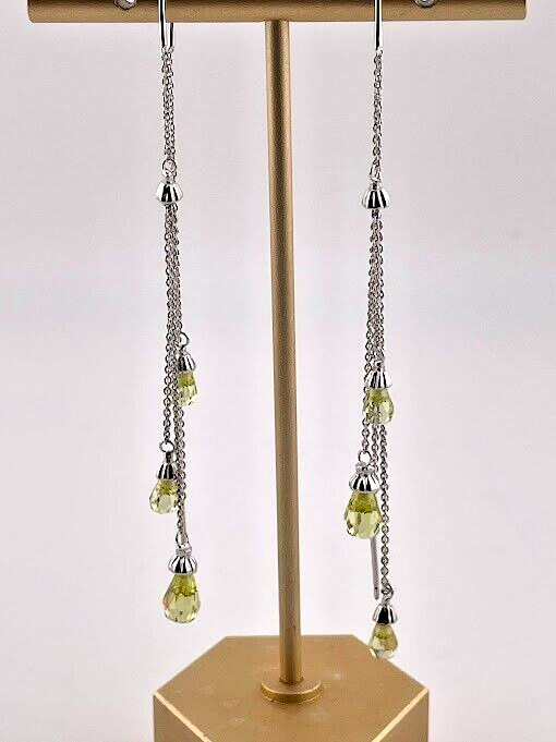 925 Sterling Silver Yellow Briolette Crystal Threader Earrings 3 1/4 Inch Boho Style 1124