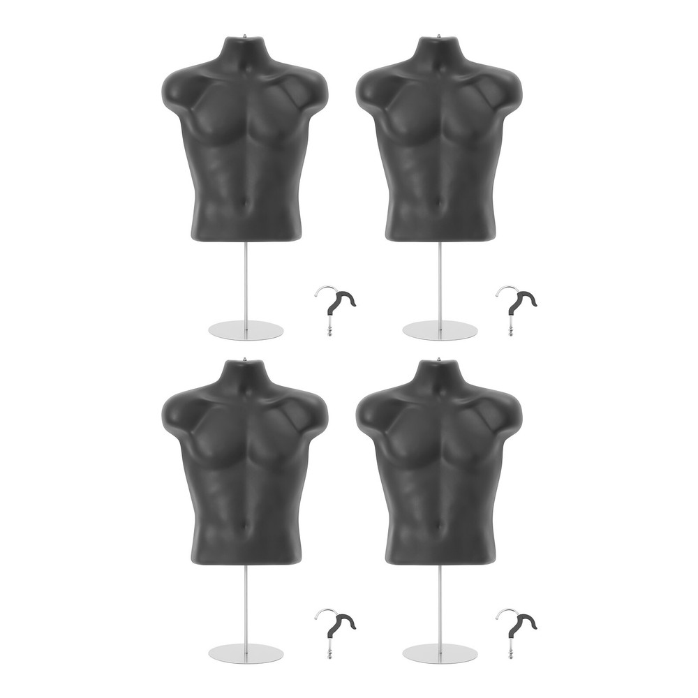 4 pack Male Torso Mannequin Forms Black w/4 Stands +4 Hanging Hooks Men Clothing