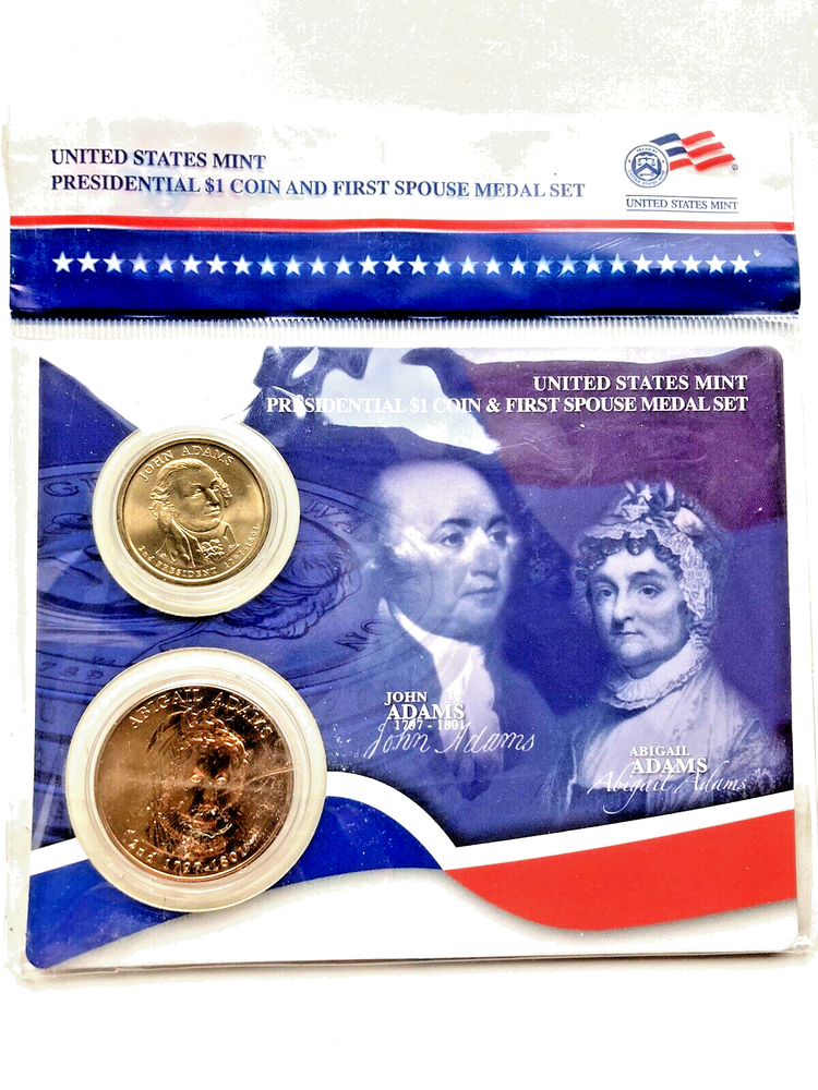 adams PRES $1 Coin & 1st Spouse Medal Set, John & Abigail Adams, OGP. Sealed-image