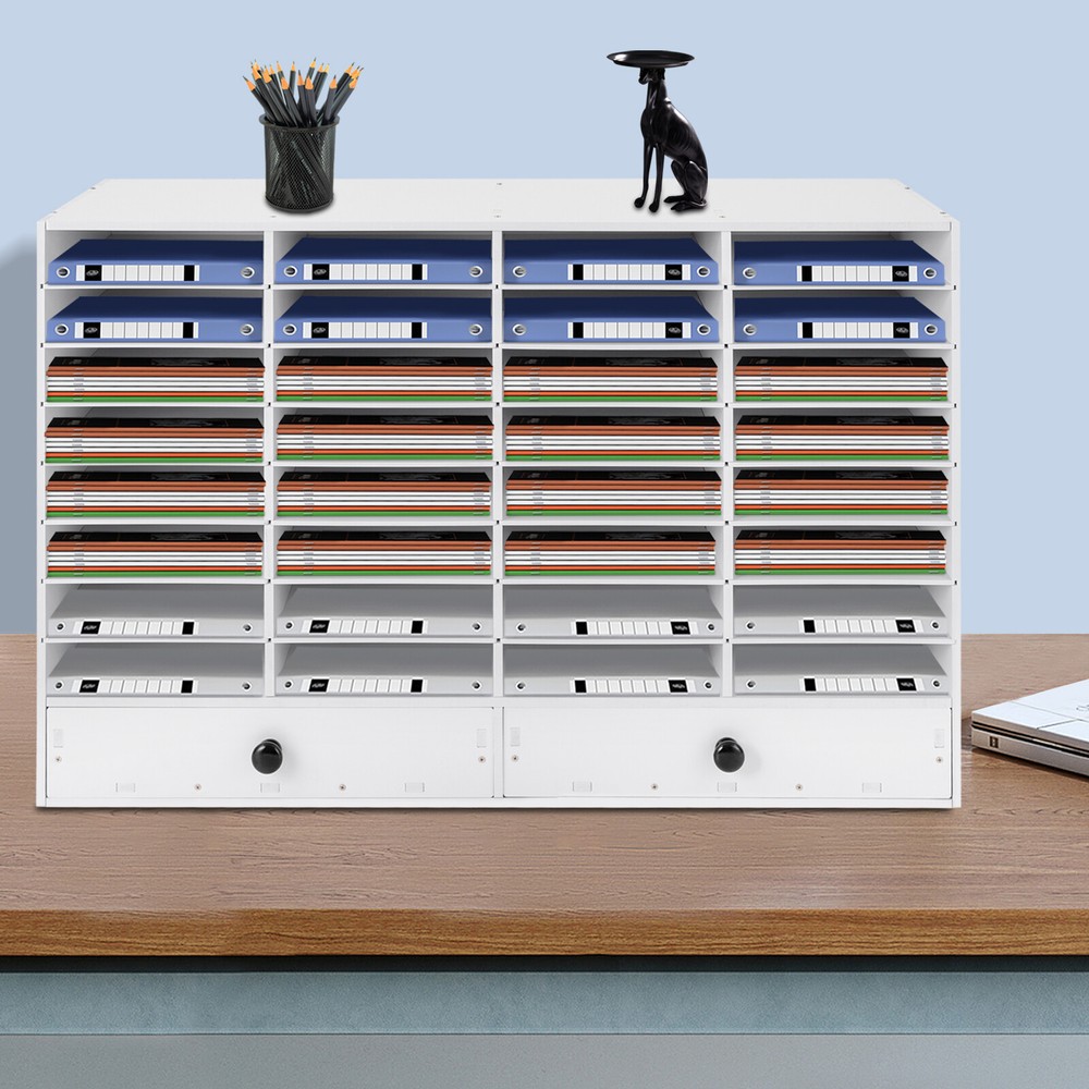 Adjustable Literature Organizer with 32 Compartments and 2 Drawers in Sleek White Design – Brand New