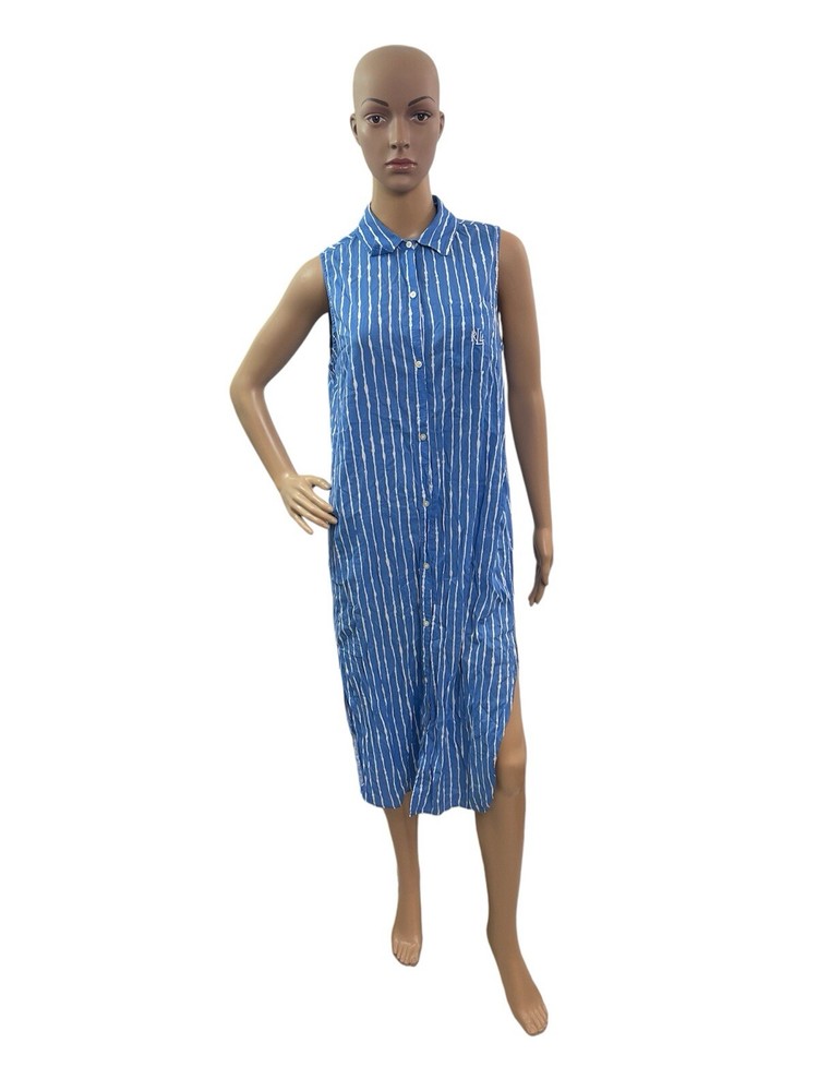 Lauren Ralph Lauren Women’s Size M Sleeveless Blue White Stripe Dress Shirt