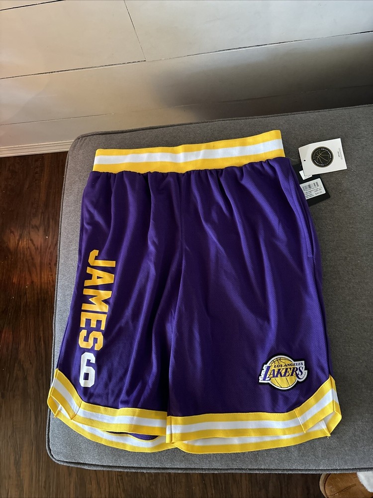 Size L NBA Lebron James #6 LA Lakers Purple Yellow White Basketball Shorts Mens