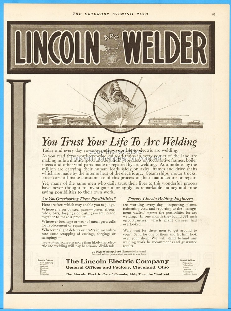 1921 Lincoln Electric Motor Cleveland OH Arc Welder 20's Welding Metal Worker Ad