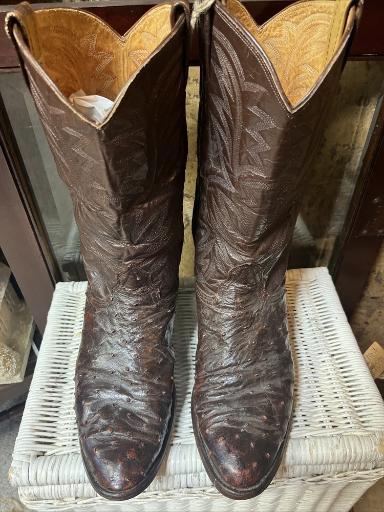 Nocona Dark Brown Full Quill Ostrich Leather Cowboy Boots Men's 11 Wide USA Made