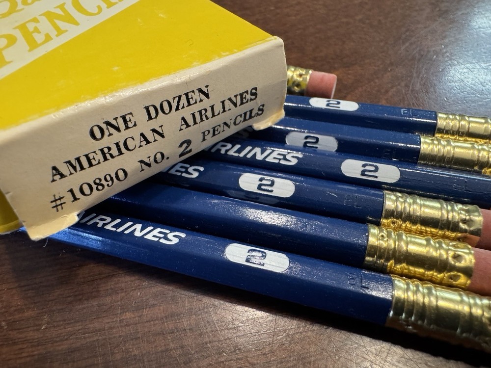 7 ~ Vintage American Airlines #2 Blue Wood Pencils in Box Advertising Logo wOB