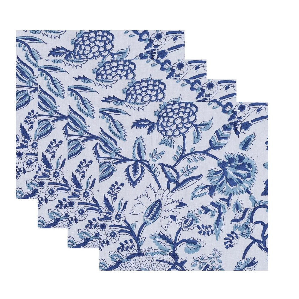 Handmade Indian Block Print Cotton Voile Napkins Set of 12 Blue 9x9 Inch