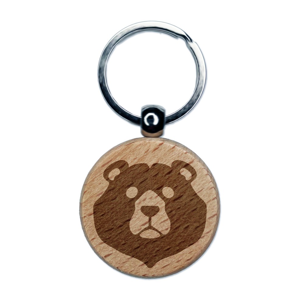 Black Bear Head Engraved Wood Round Keychain Tag Charm