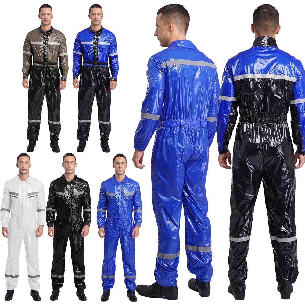 US Mens Glossy Waterproof High Vis Reflective Stripes Coveralls Jumpsuit Overall