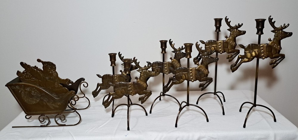Santa Sleigh Reindeer Candlestick Holder Mantel Display Christmas Antiqued Brass