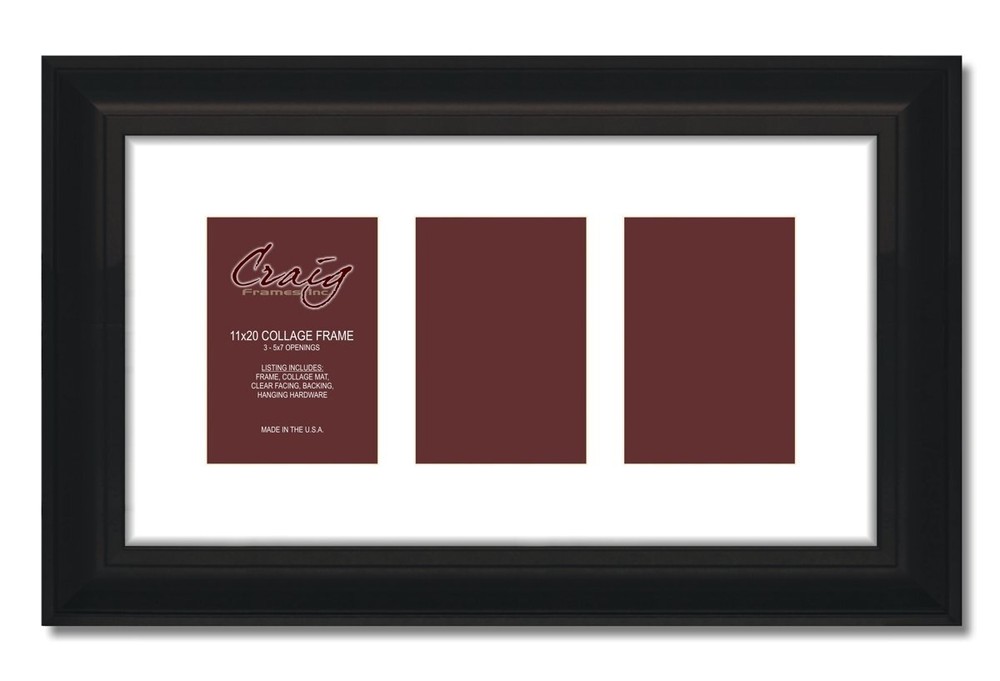 21834700BK 11x20” Black Frame with Single White Collage Mat for 3 Photos