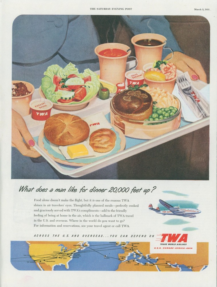 1951 TWA Airlines Vintage Meal Tray Ad Featuring Pot Pie Salad Dessert Coffee Roll SP19