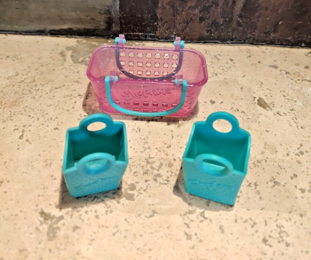 3 Shopkins shopping baskets 1 pink sparkly w/green handles and two small green