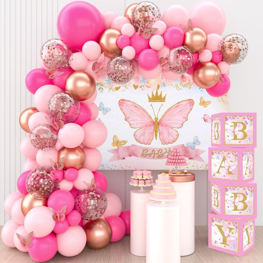 Pink Butterfly Baby Shower Decorations for Girl，Pink Balloon Garland Arch Kit...