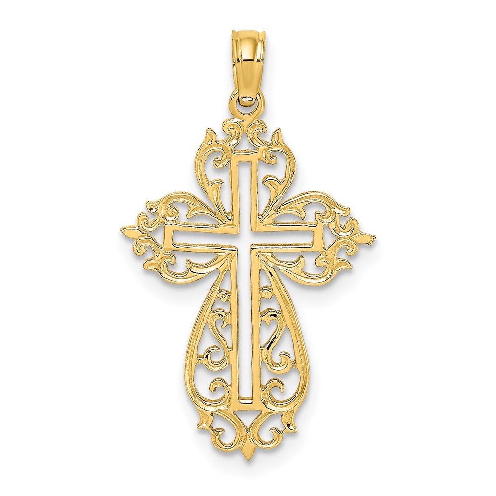 10K Yellow Gold Cut-Out Scroll Framed Cross Charm Pendant 0.85gm L-27.3 mm