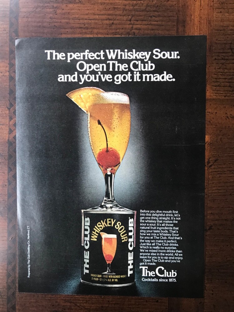 1978 Vintage The Club Whiskey Sour Cocktails Original Print Ad-image