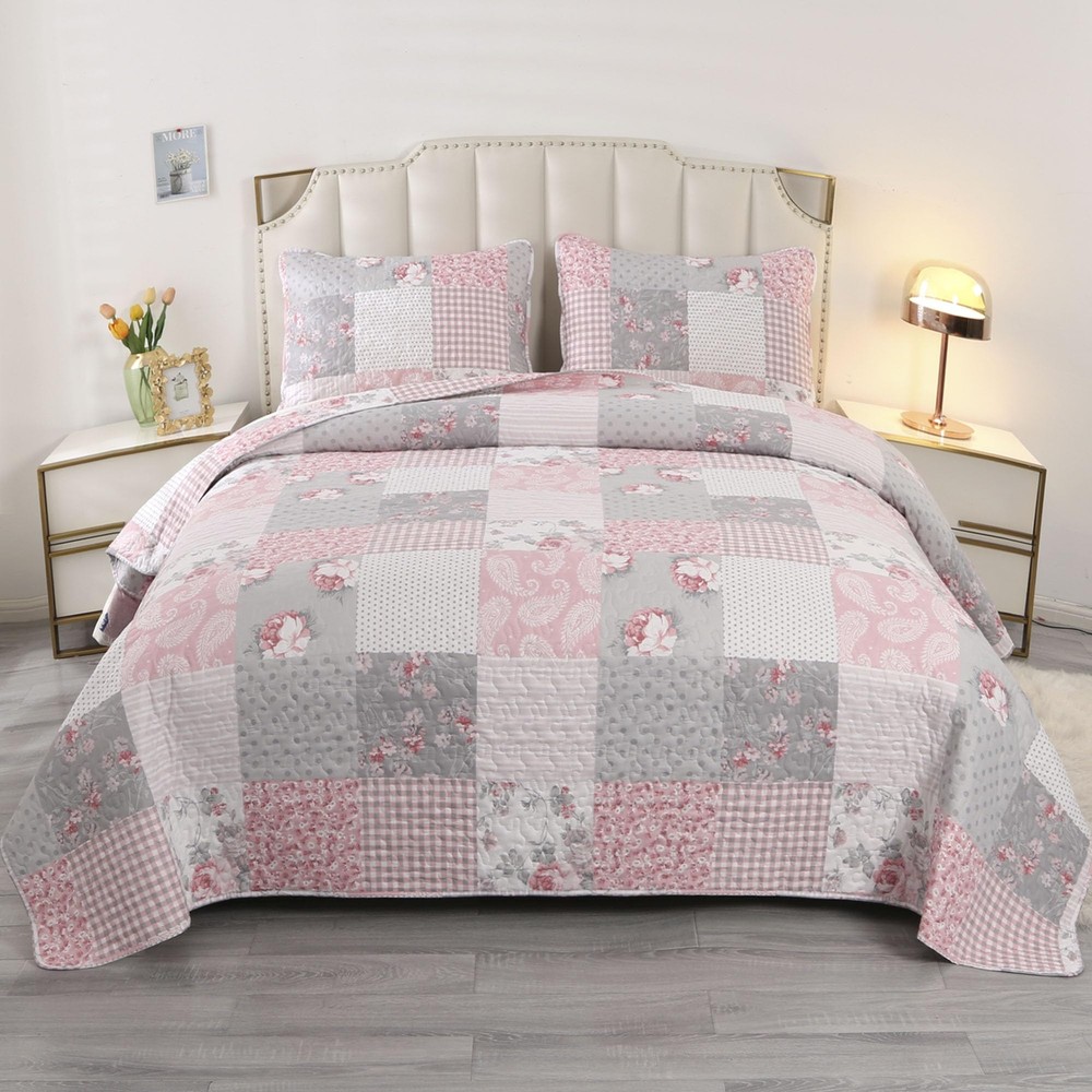 Pink Plaid Patchwork Quilt Set Full Queen Size Floral Rversible Quilted Bedsp...