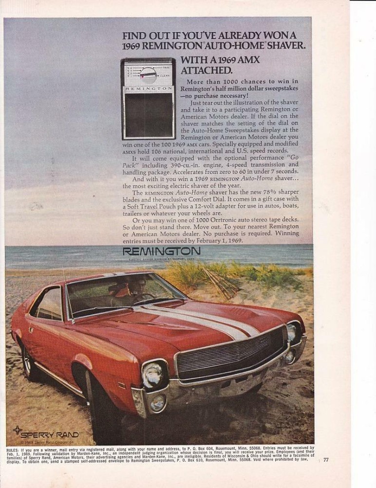 1969 AMC American Motors AMX Remington Shaver Print-Ad/ Great Art