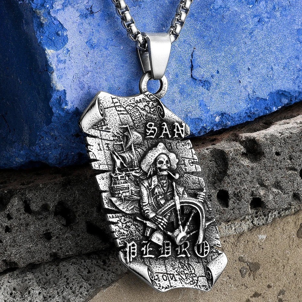 Pirate Captain Treasure Map Necklace for Men in Stainless Steel