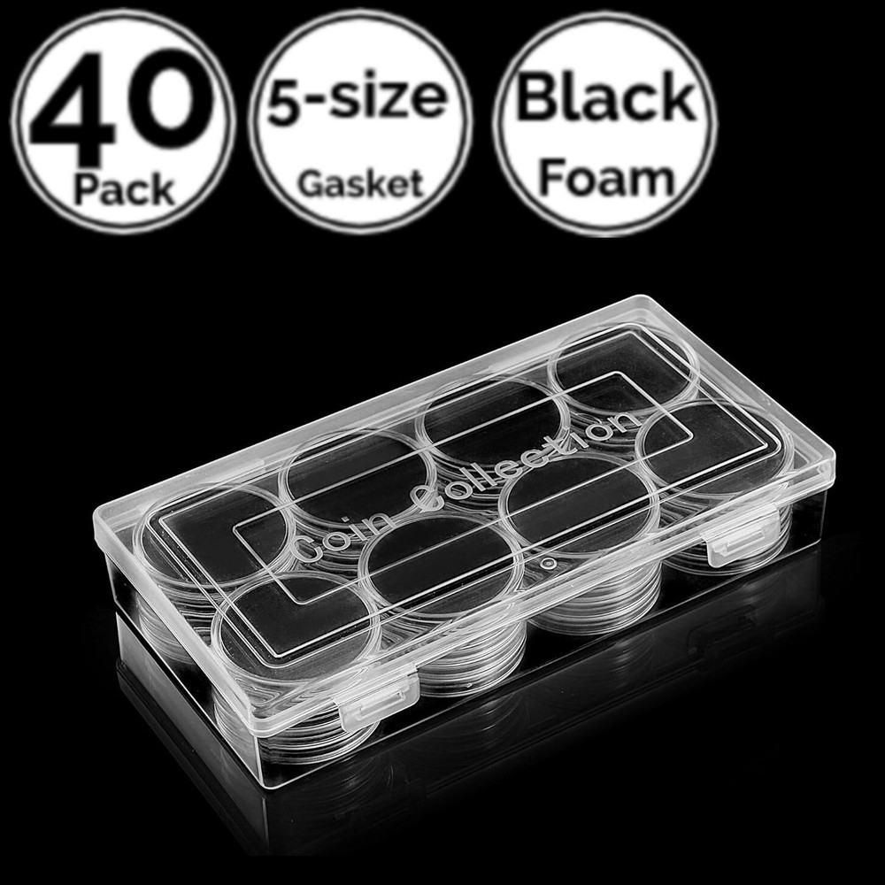 40 Pk 46 mm Coin Capsule Holders w/ 21/26/31/36/40.6 Gasket 4 US Nickel 2 Eagle