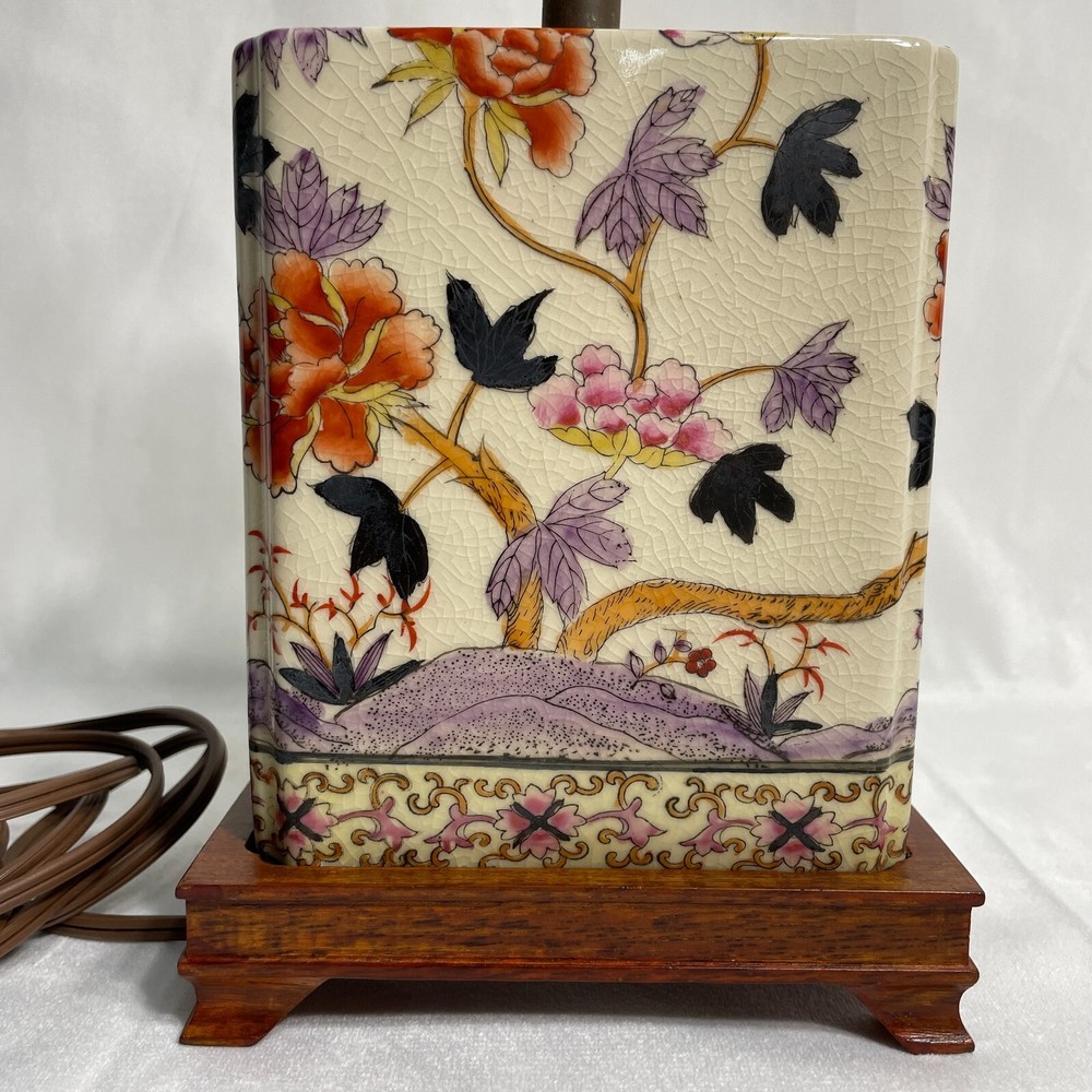 Antique Asian Porcelain Floral Lamp with Wood Base - Multi-Color Design