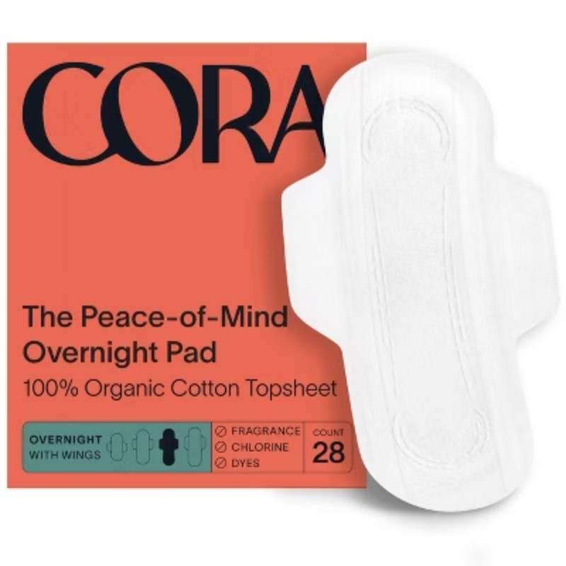 Cora Organic Cotton Ultra Thin Overnight Fragrance Free Pads with Wings